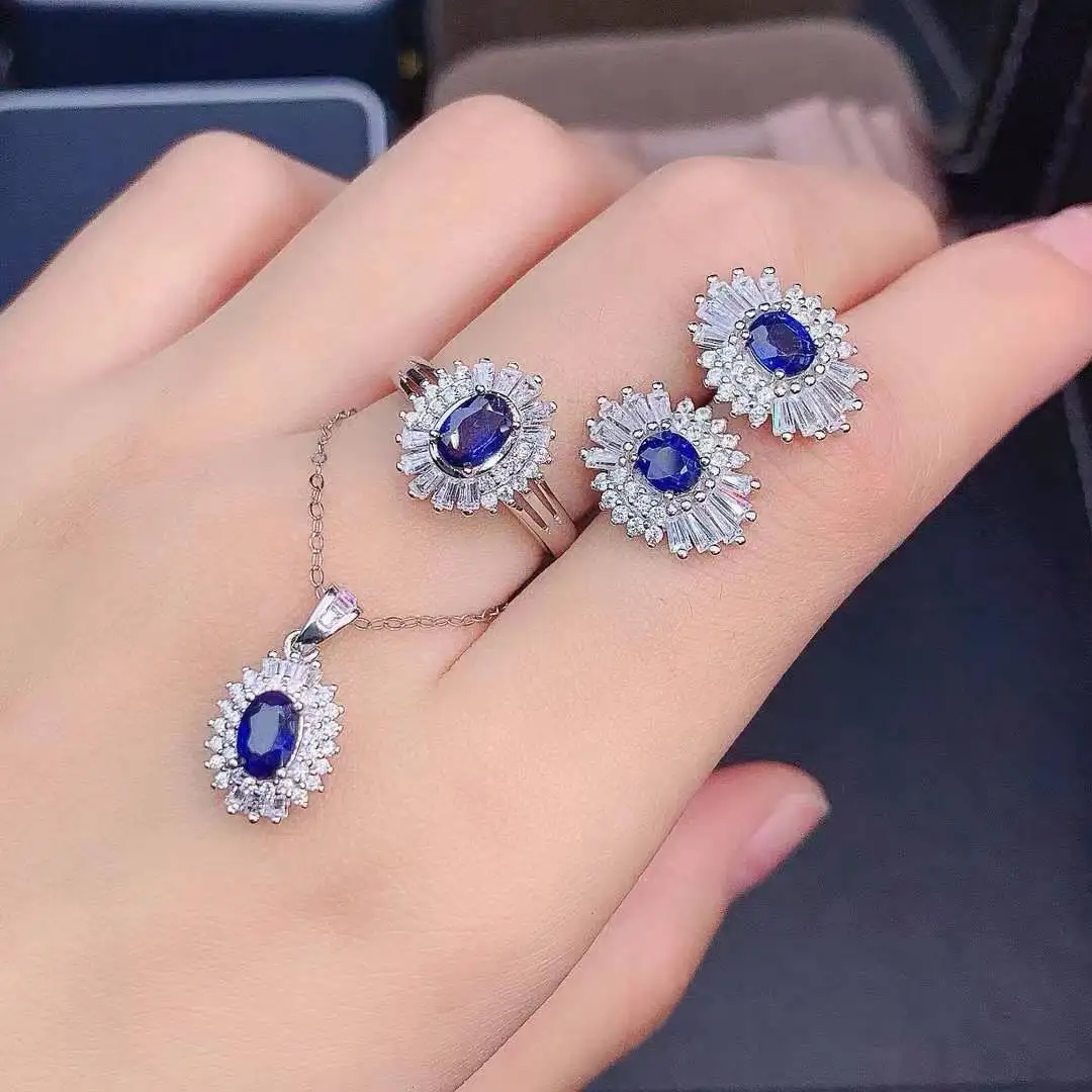 100% Natural Real Sapphire Set 925 Sterling Silver Female Wedding Jewelry set 1pc ring,1pc pendant,2pcs earrings