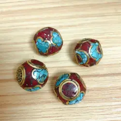 BD151 Nepal Handmade Beads Brass Colorful Stone 16mm Round Ball Beads Jewelry Accessories 4 Beads Lot