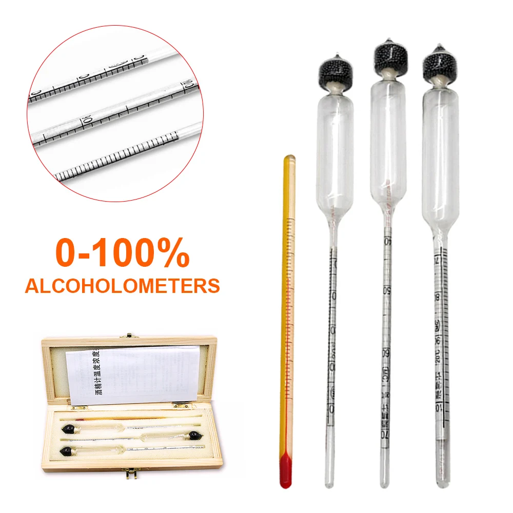 Vodka Whiskey Alcohol Wine Hydrometer Meter In Wooden Box Alcoholmeter Concentration Meter (0-40%, 40-70%, 70-100%)