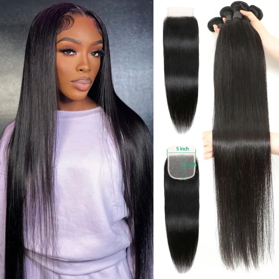 

30 32 34 36 38 40 inch Straight Bundles Human Hair with Closure 10A Brazilian Raw Hair Bundles with 5x5 Lace Closure Top Quality