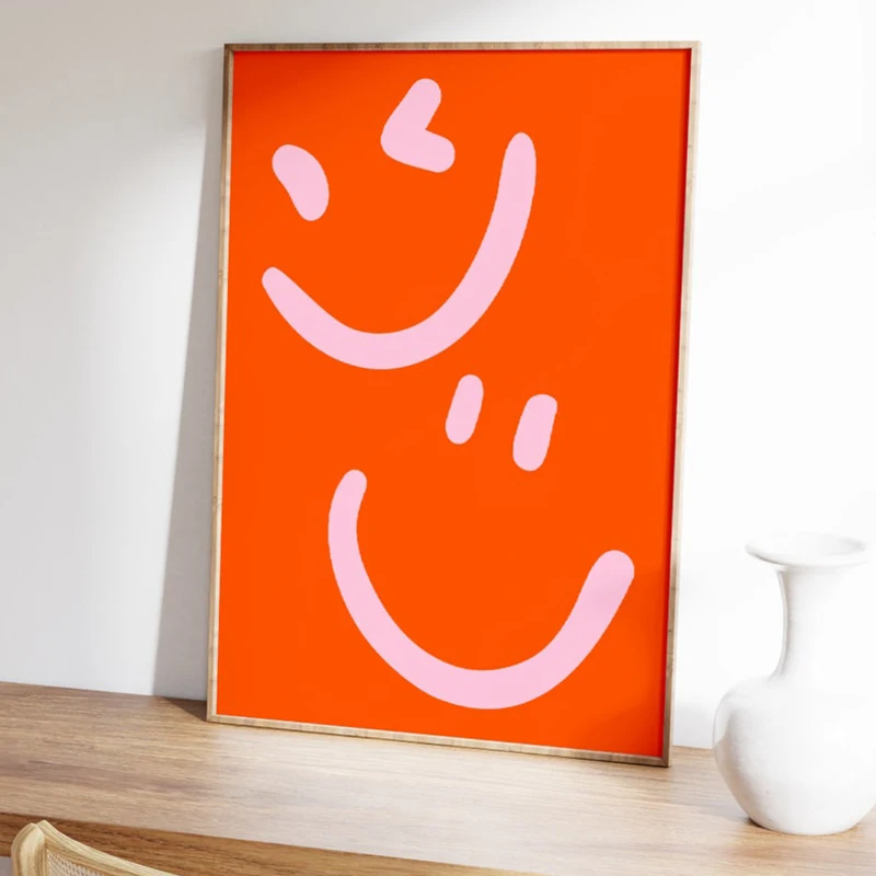 Pink Smiley Face Poster Orange Preppy Prints Fun Wall Art Preppy College Canvas Painting Indie Picture Room Decoration for Teens