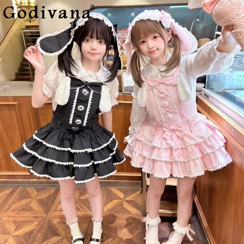 

Original Soft Girls Kawaii Short Strap Dresses JSK Women Cute Bow Rabbit Ears Hooded Y2K Dress Daughter Lolita Birthday Dress