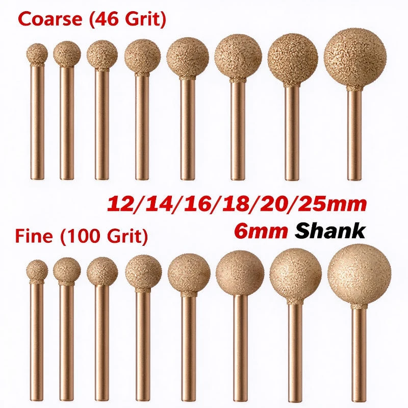 1PCS Sphere Brazed Diamond Grinding Head 6mm Shank Polishing Burr 6/8/10/12/14/16/18/20/25mm for Dremel Grinding and Carving