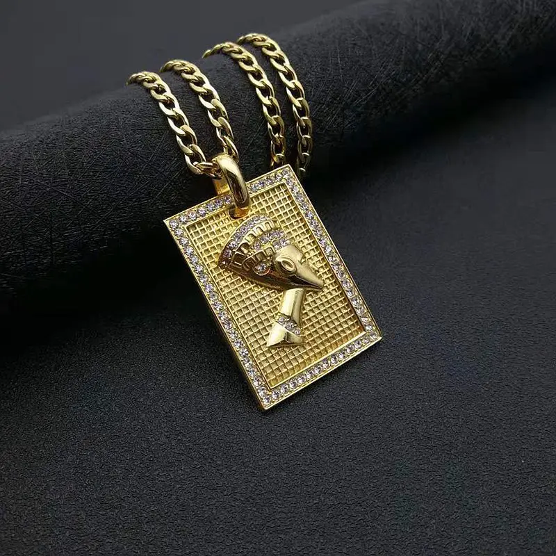 Hip Hop Black Color Stainless Steel Egyptian Pharaoh Queen Cleopatra Square Pendants Necklaces for Men Jewelry Drop Shipping