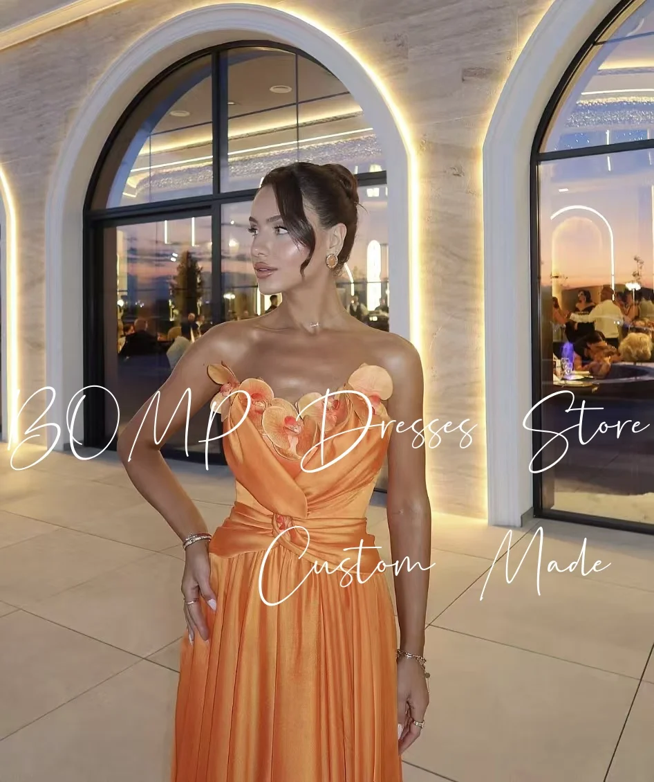 BOMP Elegante abito da cerimonia nuziale arancione senza spalline con applicazioni drappeggiate fino al pavimento in raso per occasioni speciali, abito da sera personalizzato