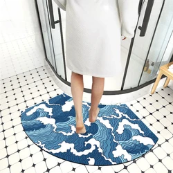 Absorbent Wave Bath Floor Mats, Blue and Fresh Bathroom, Refreshing Curved, Shower Door Pads, Modern Simplicity, Household