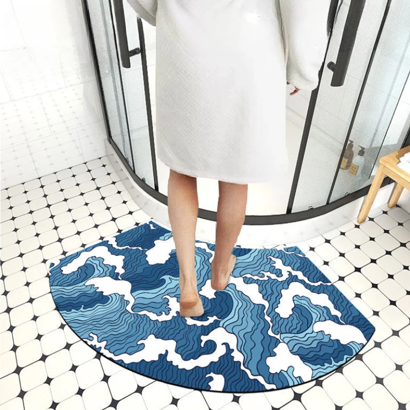 Absorbent Wave Bath Floor Mats, Blue and Fresh Bathroom, Refreshing Curved, Shower Door Pads, Modern Simplicity, Household