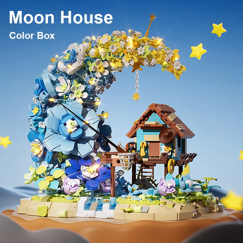 

Строительные блоки из микро частиц, лунный цветок и дом на дереве, строительные блоки, подарок на день Святого Валентина, изысканное украшение для рабочего стола