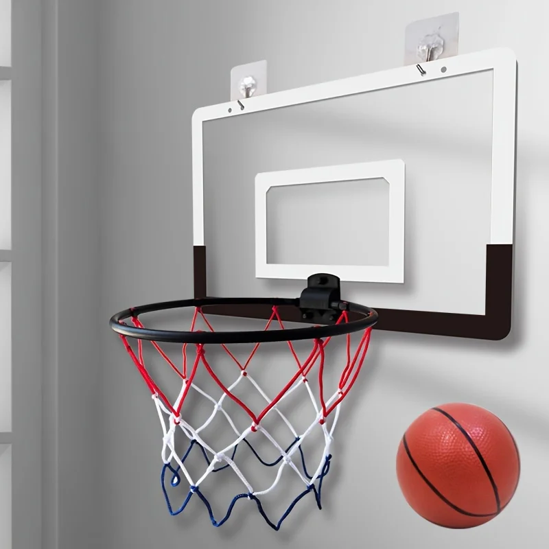 Indoor Basketball Hoop Foldable No-Drill Wall-Mounted Backboard Wall-Hanging Home Training Basketball Basket Basketball Stand Black and White Backboard with 1 Basketball and 1 Air Pump