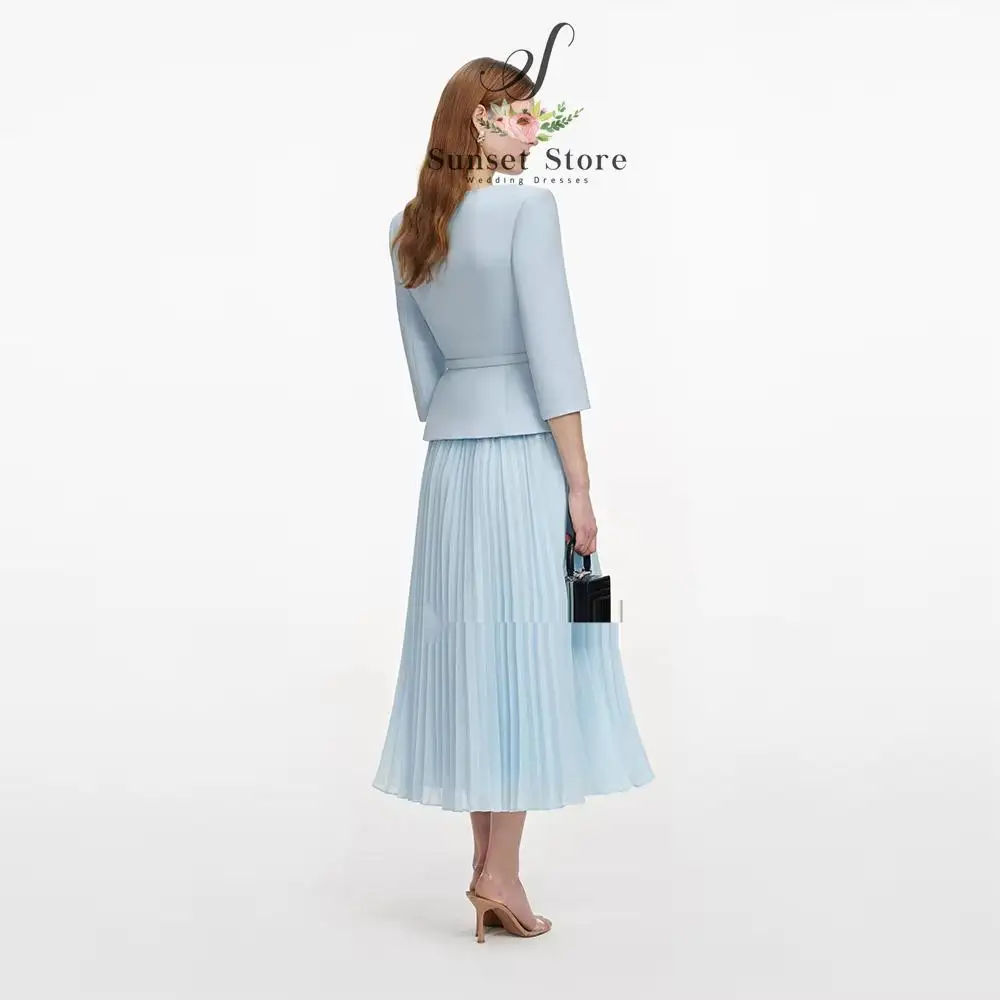 Customized 2 Pieces Cocktail Dress Light Sky Blue 3/4 Sleeves Modern Cocktail Gowns for Women 2026 Tea Length Formal Party Dress
