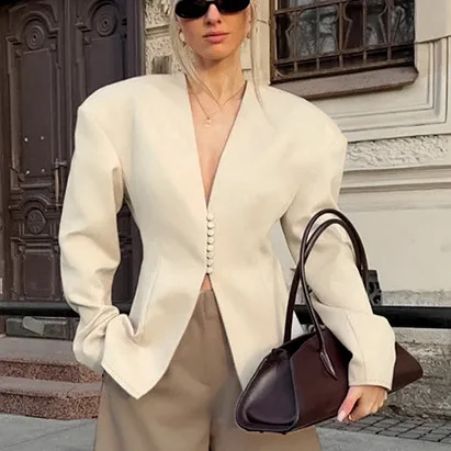 Autumn Niche Style Non-clashing Waist-cinching V-neck Long-sleeve Blazer, Women's Trendy Fashion Apricot-colored Casual Cardigan
