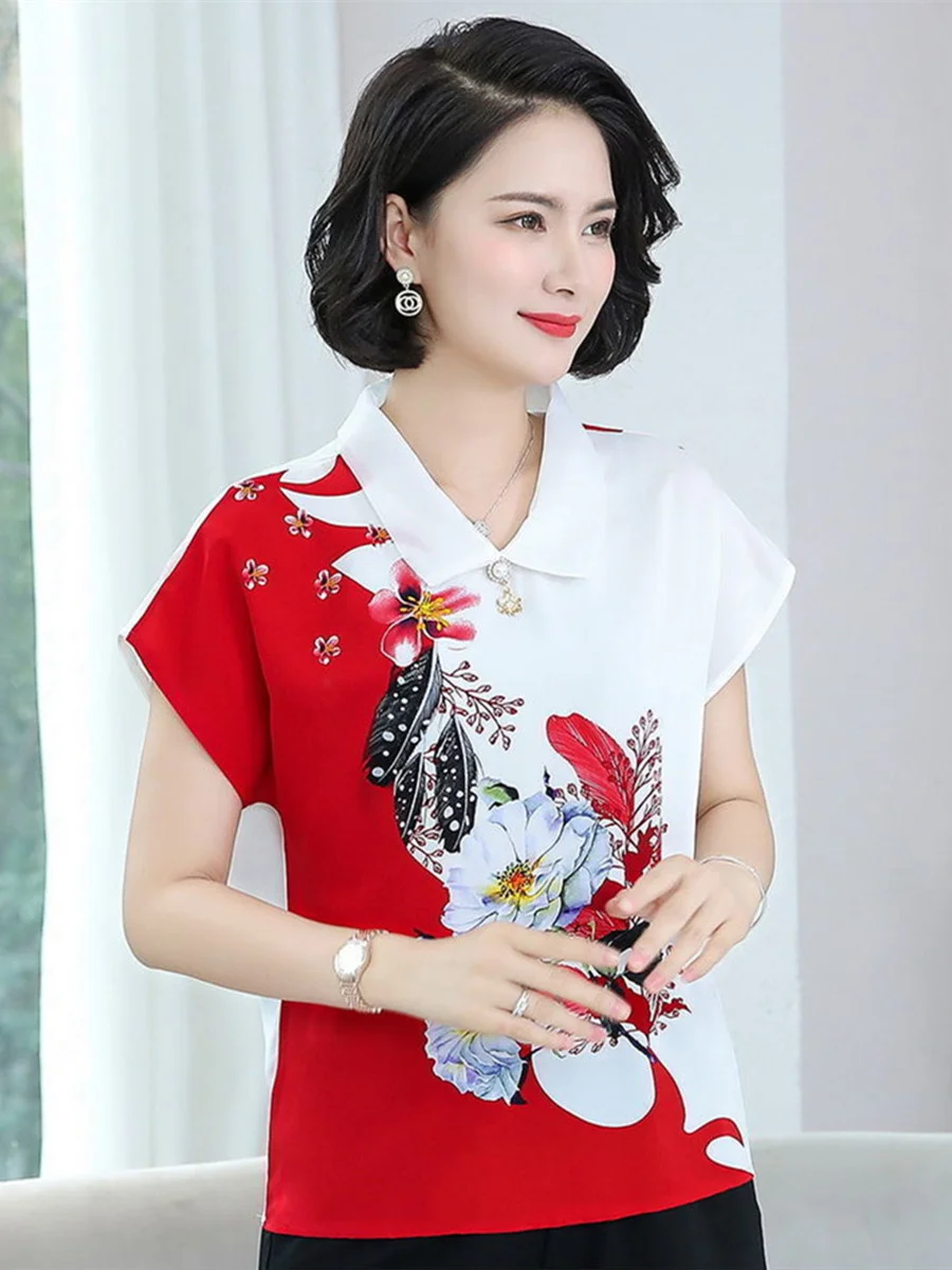 4XL Women Spring Summer Blouses Shirts Lady Fashion Casual Short Sleeve Turn-down Collar Flower Printing Blusas Tops G2122