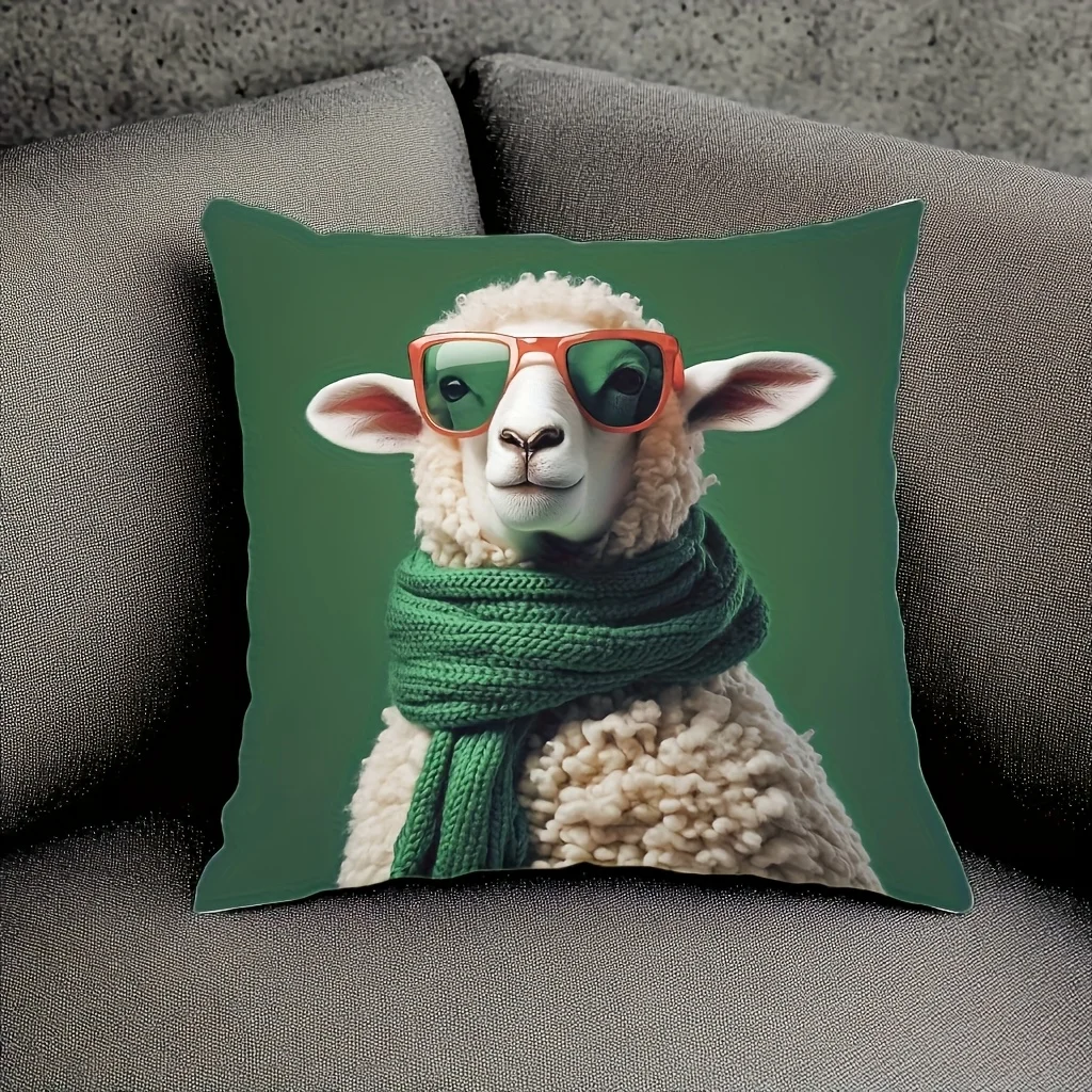 Cute Cool Sheep Print Throw Pillow Cover Stylish Sheep with Sunglasses and Scarf Decorative Cushion Case for Home Sofa Couch