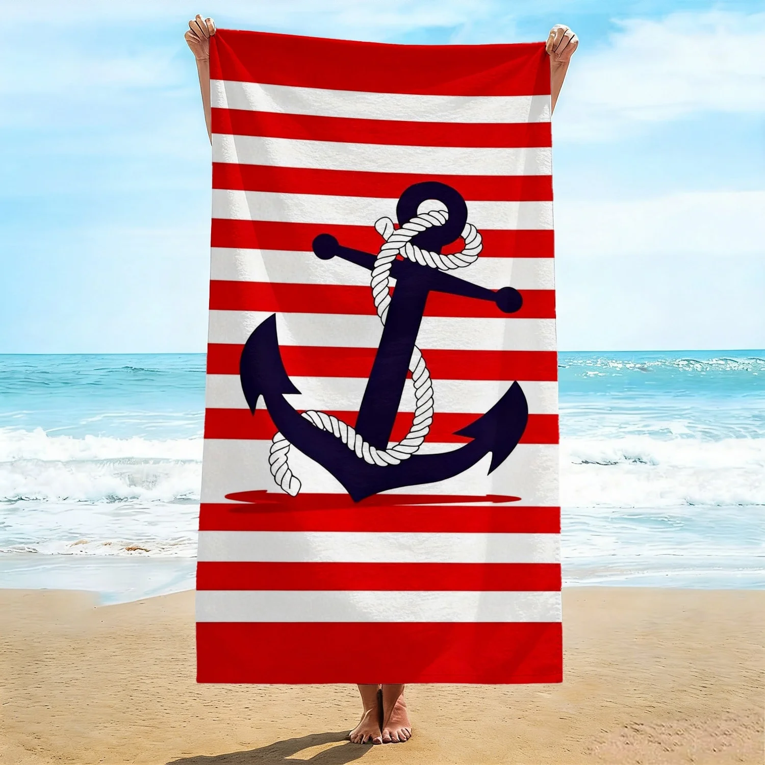 

Vibrant Red Stripe Beach Towel, Navy Anchor with Rope Print on Red White Stripe Bath Towel, Classic Nautical Summer Essential