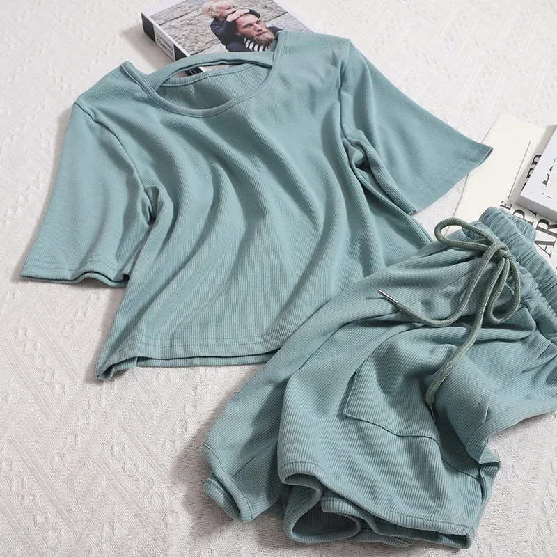 

Women Drawstring Elastic Waist Pocket Shorts Casual 2 Two Piece Sets + Outfits Hollow-out Short Sleeve T-shirt Spring Summer