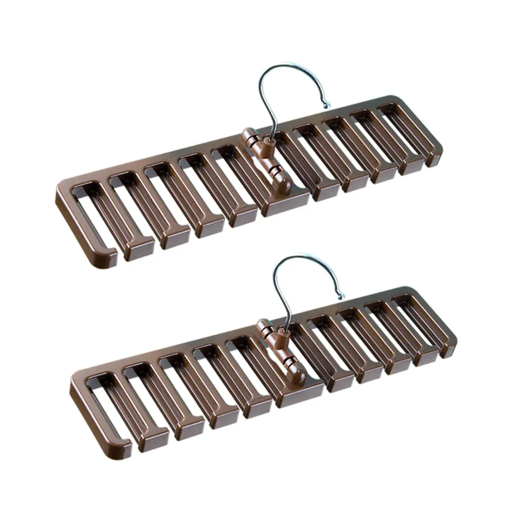2Pcs Plastic Necktie Hanger with Anti-Slip Arms Holds 10 Ties Belts Scarves Compact Organizer for Closet Wardrobe Bathroom Brown view 4