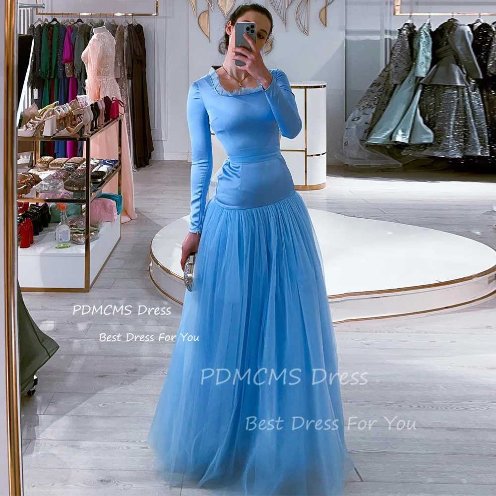 

Elegant Blue A Line Satin Evening Dresses Dubai Arabic Lady O Neck Pleats Prom Gowns Long Sleeves Formal Party Celebrity Dress