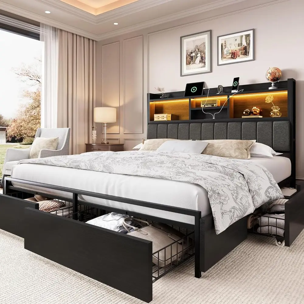 LARMACE King Bed Frame with Storage and Charging Station