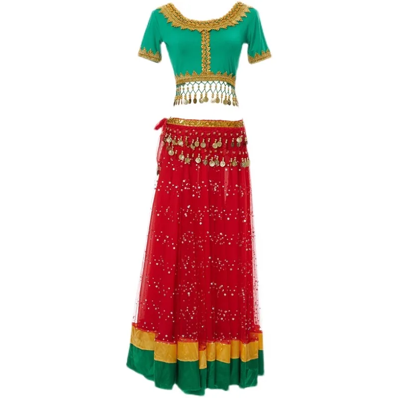 Strój do tańca indyjskiego Bollywood, taniec brzucha, duża spódnica z szerokimi falbanami, strój do tańca grupowego, dla dorosłych kobiet, odzież do tańca orientalnego.