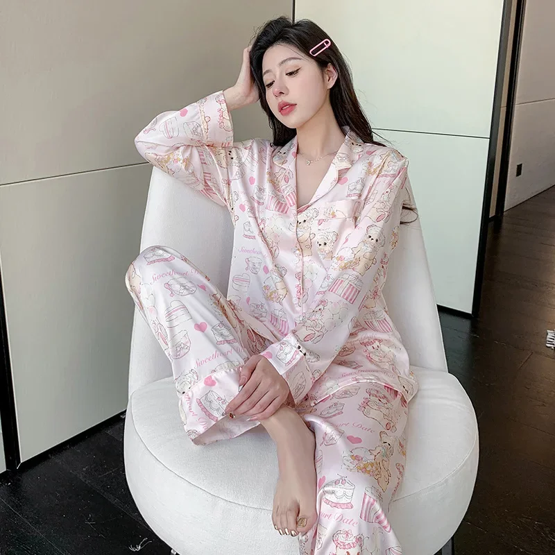 Pajama Pants Set Long Pants Long Sleeve Autumn Loose Large Size Women's Clothing Homewear Button Printed Casual  Comfortablee