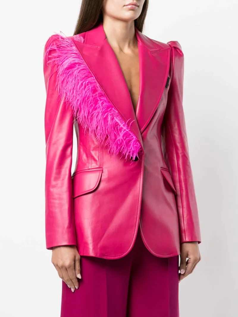 Chaqueta de cuero + Blazer de plumas para mujer, traje informal de moda rosa roja, un botón, vestido Formal de noche para graduación, hecho a medida, 1 pieza