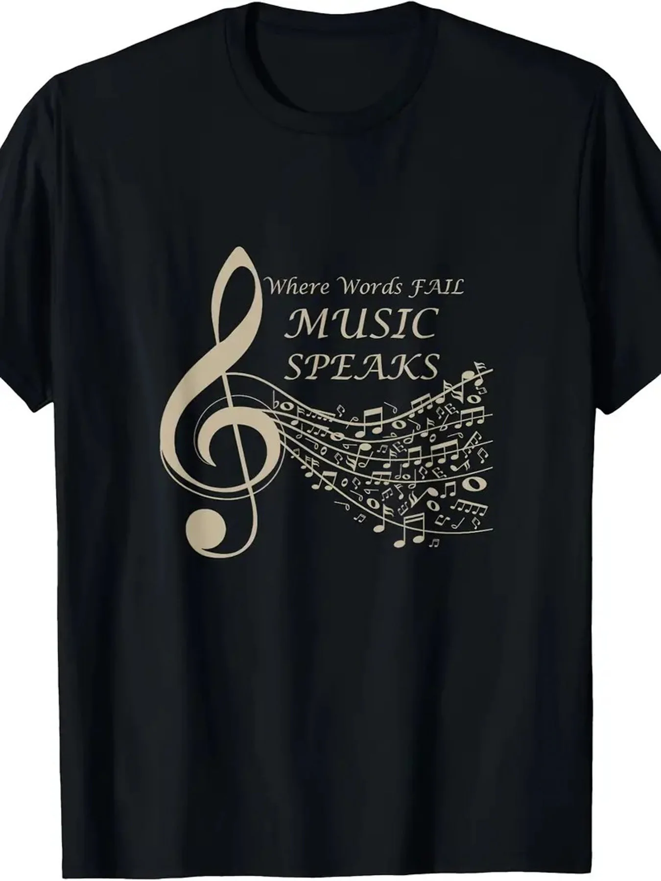 Men's 100% Cotton Music Speaks Graphic T-Shirt - Black Casual Short Sleeve Tee with Musical Note Design, Breathable