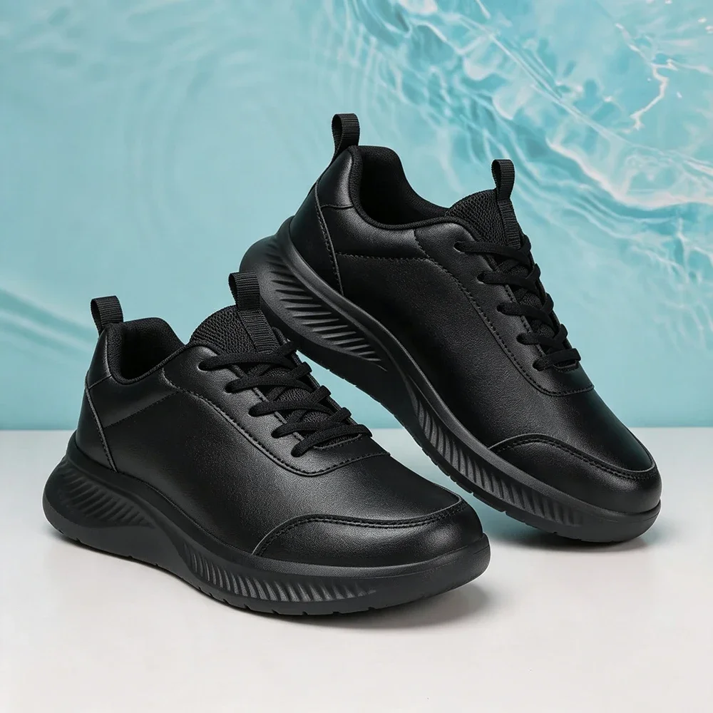 Men Black Leather Casual Sneakers Waterproof Non Slip Walking Shoes Lightweight Running Sports Shoes
