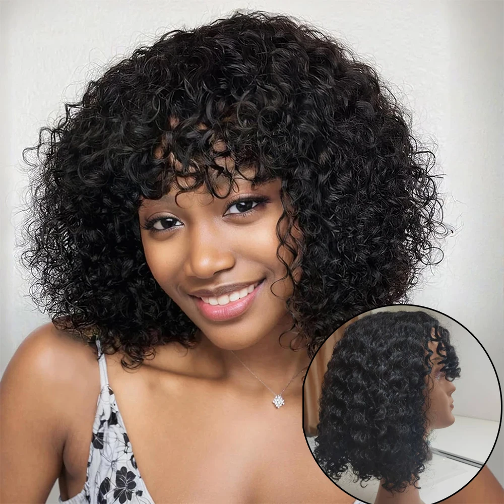 

Glueless 2x4 Lace Closure Short Curly Bob Human Hair Wigs With Bangs 180% Wear And Go Curly Bob Wigs With Fringe Natural Color