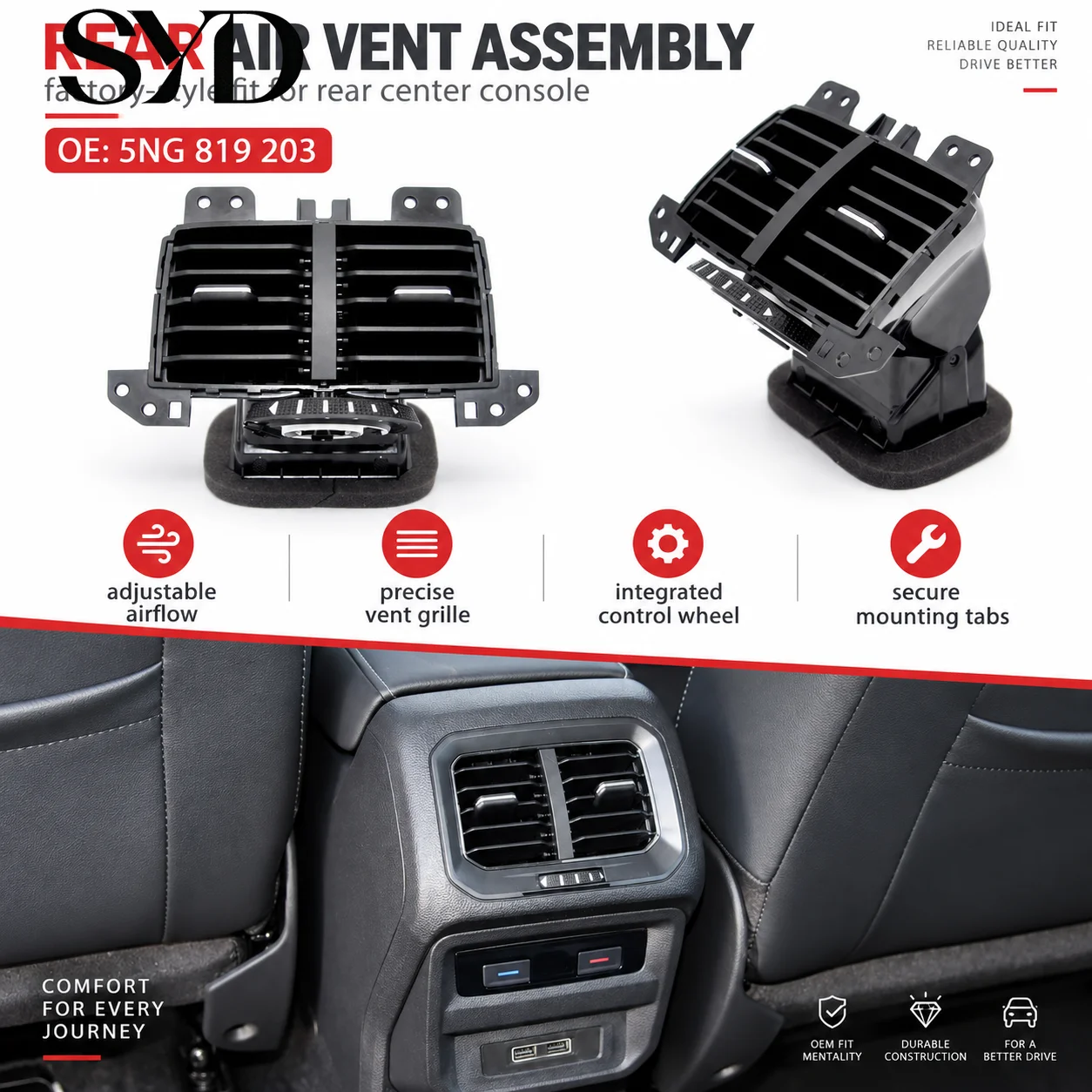 Center Armrest Rear AC Air Vent Outlet Grille Adjustable Louver Assembly OE 5NG819203 For VW Tiguan L