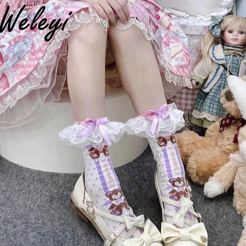 

Princess Lolita Lace Socks for Women Kawaii Accessories Jirai Kei Girl Fairy Blue Angel Bear Lace Cotton Medium Tube Socks Woman