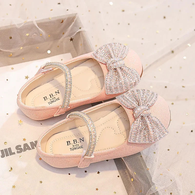 Children Mary Janes for Party Wedding Shows Girls Flats Shiny Rhinestones Bow Round-toe 2024 Kids Shoes Non-slip Moccasin Shoes