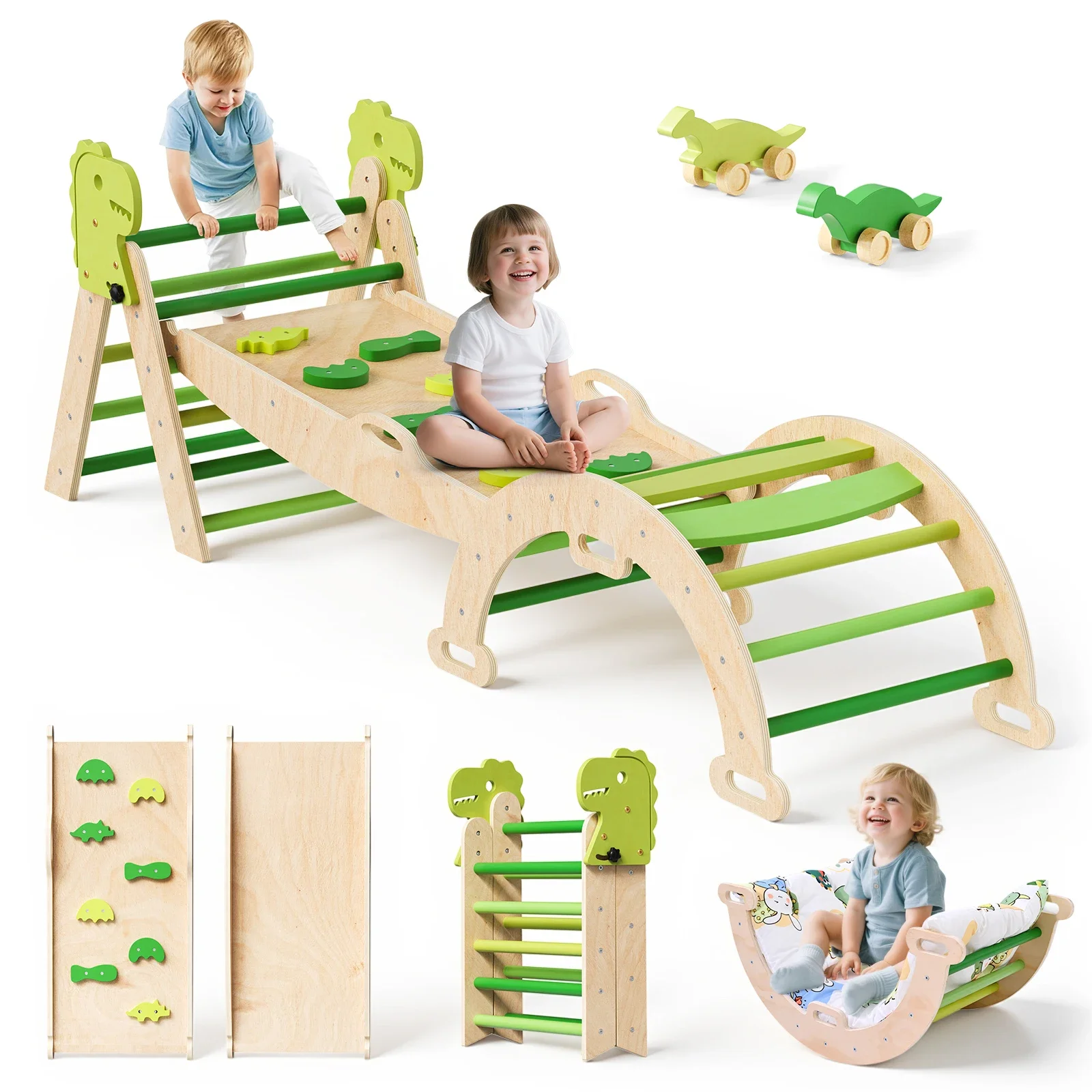 Multifunktionales 9-in-1 Dino-Themen-Klettergerüst für Kinder, Holz-Pikler-Dreieck Abenteuer-Spielset, Indoor-Spielplatz, Dschungel-Gymnastik-Klettergeräte