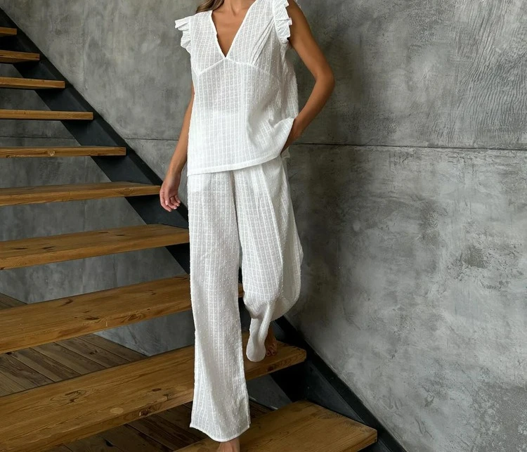 

Women's Clothing 2026 Spring and Summer New Cotton V-neck Flying Sleeves Top Trousers Loose Two-piece Casual Suit