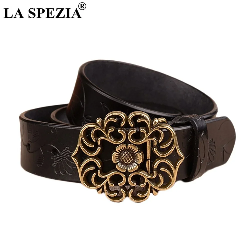 LA SPEZIA Black Leather Belt for Women Retro Carving Real Leather Belt Vintage Genuine Cowhide Ladies Jeans Belts Golden Buckle