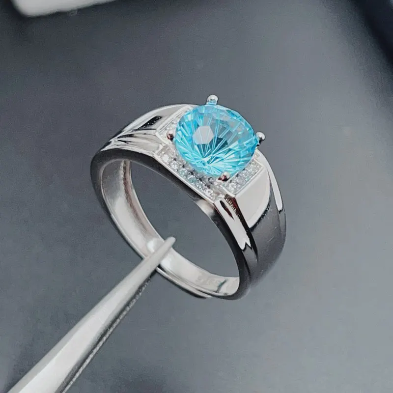 

Crystal Clear Natural Topaz Ring 8mm 2ct Light Blue Topaz Men Ring Gold Plated Solid 925 Silver Gemstone Jewelry for Men