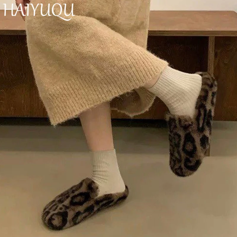 Leopard Women Fur Cotton Slippers Winter Flats Cotton Shoes Woman 2025 Trend Fashion Slingback New Warm Snow Boots Flip Flops