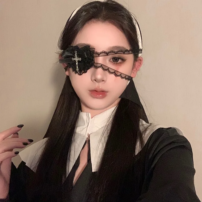 Halloween Punk Gothic Cross Eye Mask Cosplay Lolita Eye Patch Lace Heart Bow Eyewear Accessories Carnival Props