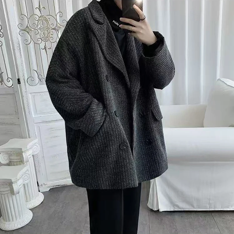 

Winter Corduroy Suit Jacket for Women Y2K Korean Loose Streetwear Faux Wool Coats Bf Autumn Lapel Double Breasted Warm Outerwear
