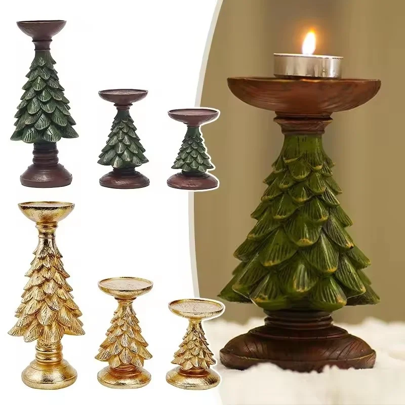 

Christmas Tree Resin Candle Holder - Vintage Style Candlestick, Perfect for Living Room Table & Desktop, Festive Xmas Home Decor