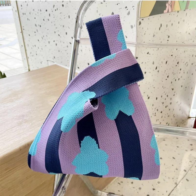 Striped Flower Knitting Handbag Mini Portable Knot Wrist Bag Women Top Handle Bag Student Reusable Shopping Bags Phone Key Pouch