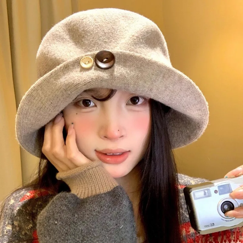 Japanese Retro Button Brim Temperament Bucket Hats for Women's Autumn and Winter Casual Literary Versatile Wide Brim Basin Cap