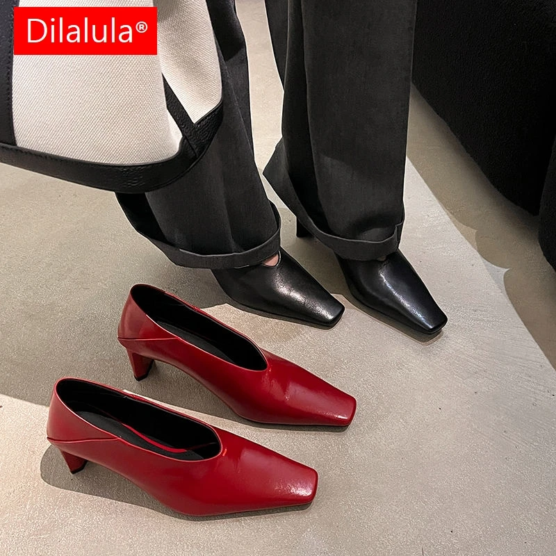 

Dilalula 2025 Newest Genuine Leather Pumps Women Square Toe High Heels Office Ladies Party Dating Shoes Soft Back Red Black