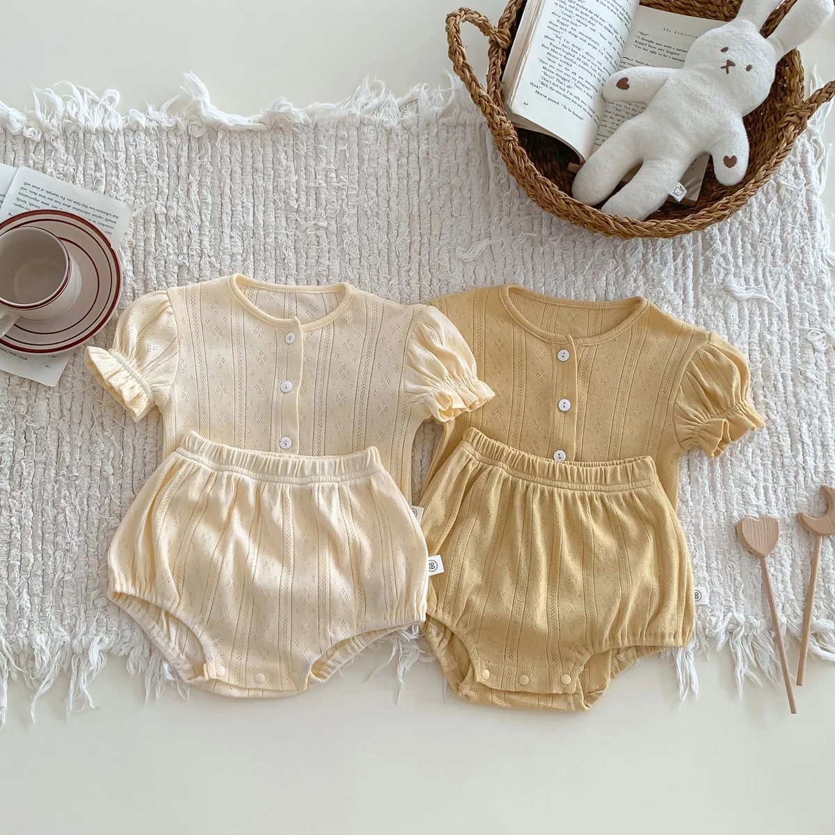 Korea Baby Girls Clothes Set Creamy Yellow Beige Short Sleeve Shirt with Shorts 2pcs Infant Clothes 0-24 Months