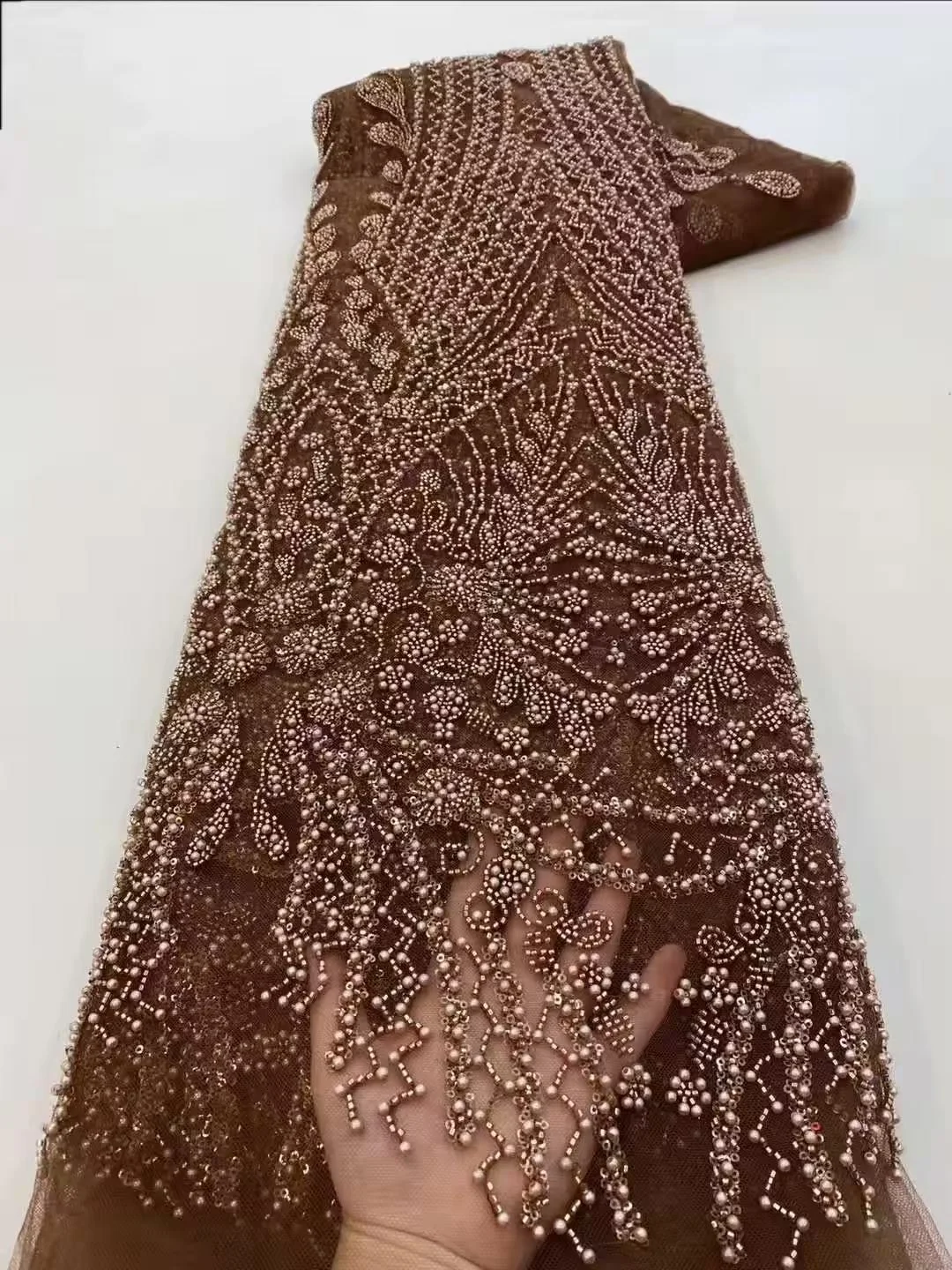 Wholesale African Heavy Beaded Lace Fabric 2026 High Quality Nigerian Luxury Sequin Lace French Tulle Fabric for Party Dress