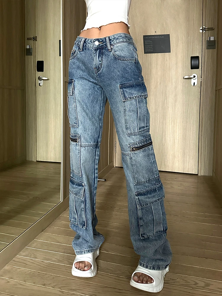 American Retro Design Sinn Street Style Vintage Jeans Damen gerades Bein locker lässig Multi Pocket Cargo hose uthv