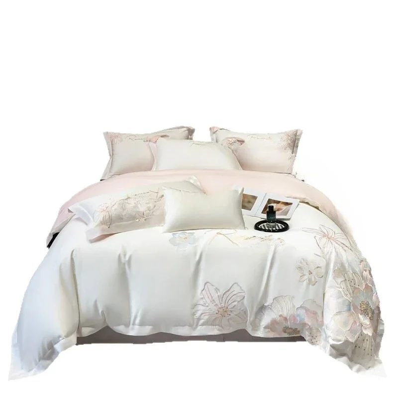 Premium Classe A, cotone satinato a fibra lunga, set da quattro pezzi, lusso leggero, copripiumino con fiori ricamati