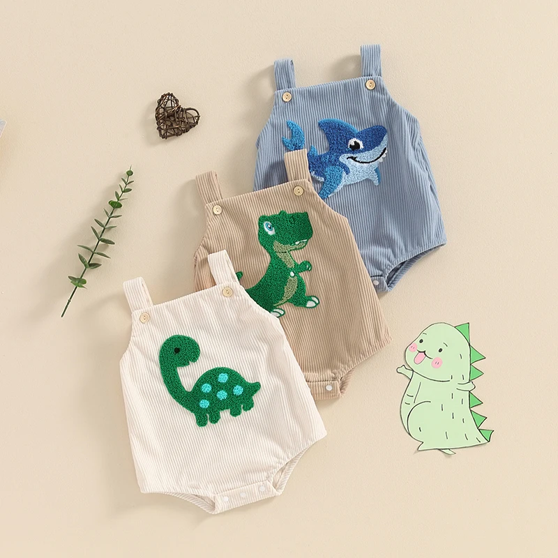 2024-03-15 Lioraitiin Baby Girls Boys Summer Romper Sleeveless Dinosaur/Shark Embroidery Button Casual Romper