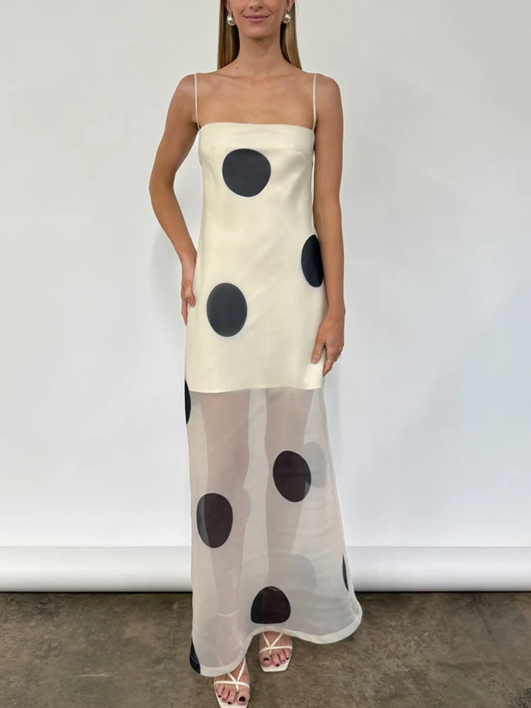 Polka dot impresso dupla camada feminina maxi vestido sexy ver através de malha vestido de verão magro elegante festa vestido de noite