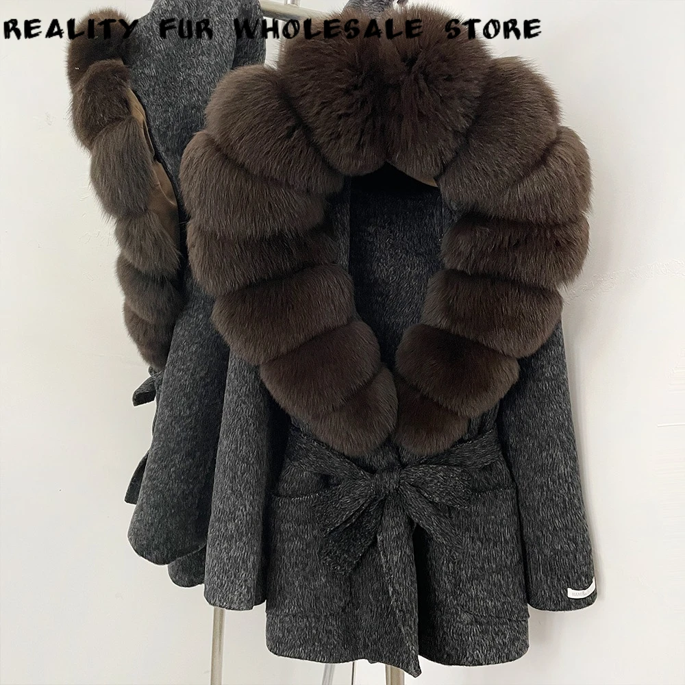 Women Wool Coat with Fur Collar Oversized Overcoat Warm Natural Fox Fur Coat Winter Cold Season Women's Elegant Wool Overcoat