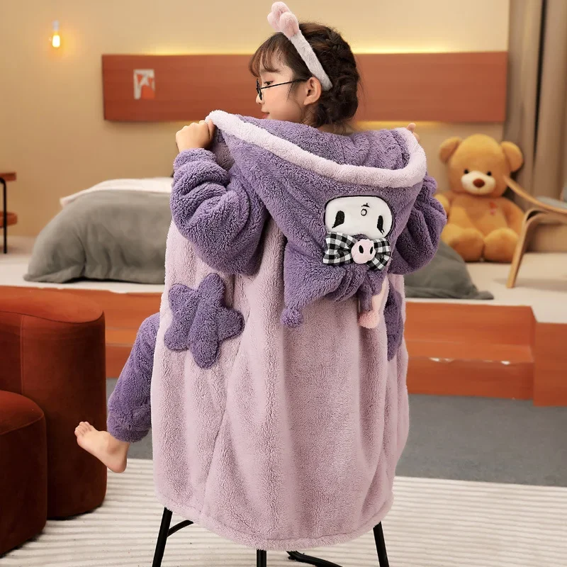 

Kawaii 2Pcs Kuromi Children Plush Pajamas Kawaii Cartoon Anime Girls Boys Long Style Thicken Warm Night-Robe Casual Home Clothes